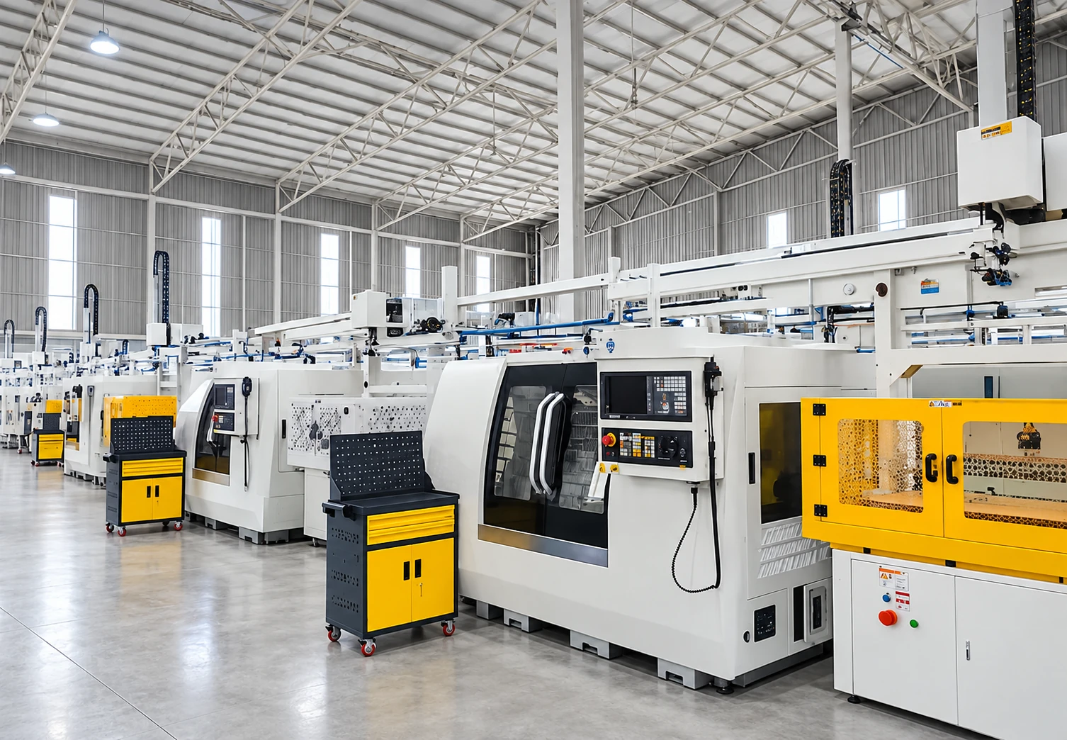 Row of enclosed machining equipment on the Thailand factory floor during installation