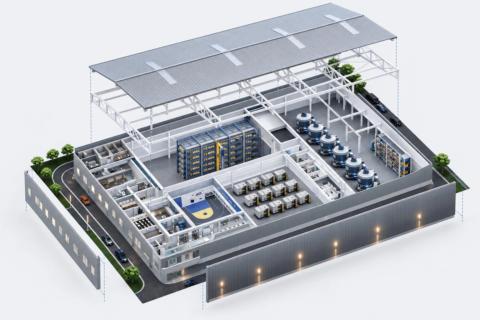 Exploded architectural illustration adapted from the original TUNGSTEC Thailand design render, with roof, frame and facade panels separated
